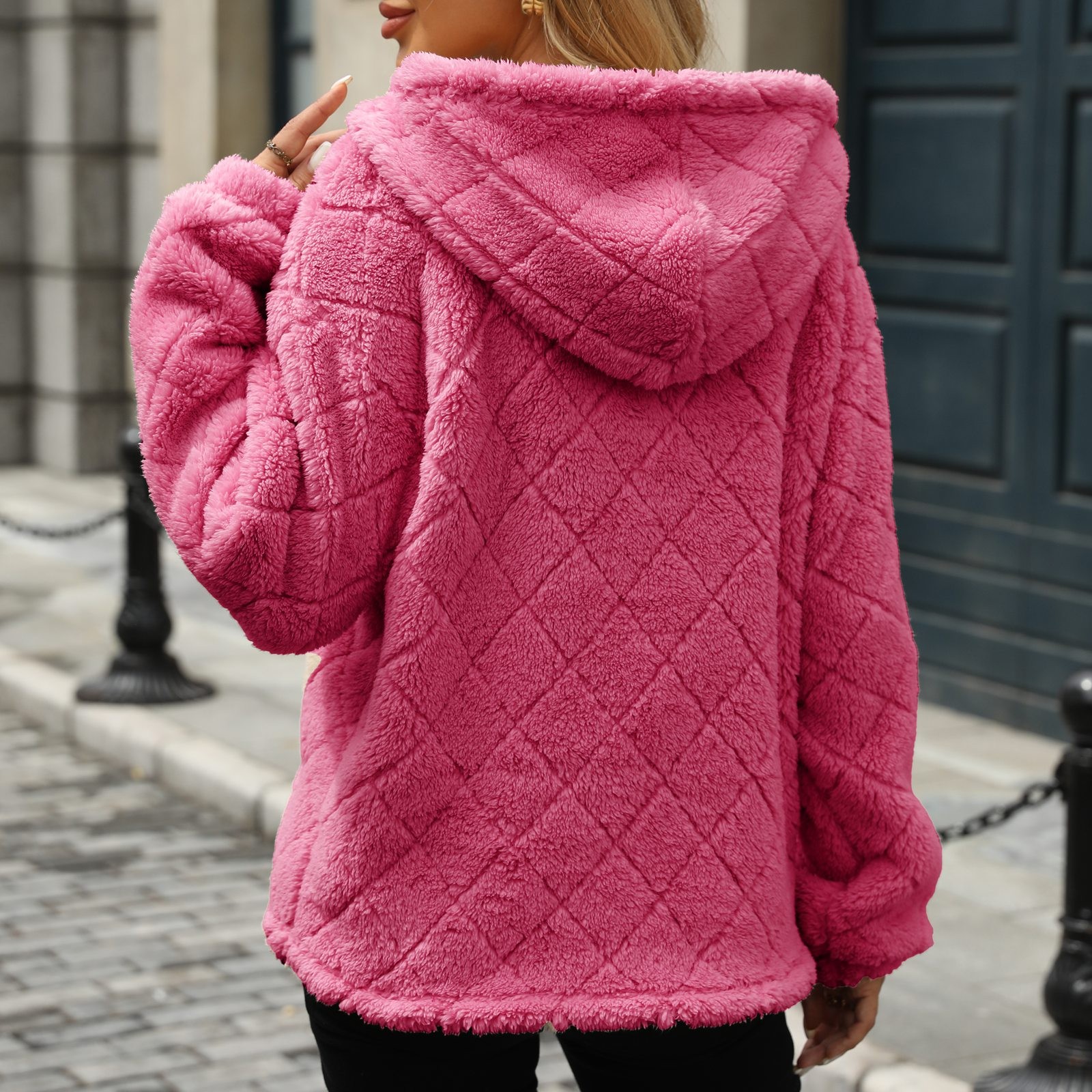 thumbnail image 2 of Sudadera con capucha y media cremallera holgada para mujer - Chaqueta informal y cómoda para el frío, 2 of 8
